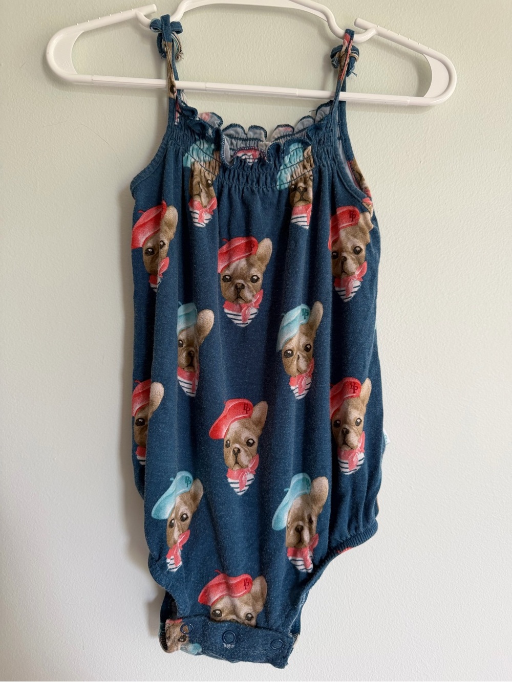 Posh Peanut Navy Blue Baby Romper Bubble with Cute Frenchie Puppy Print